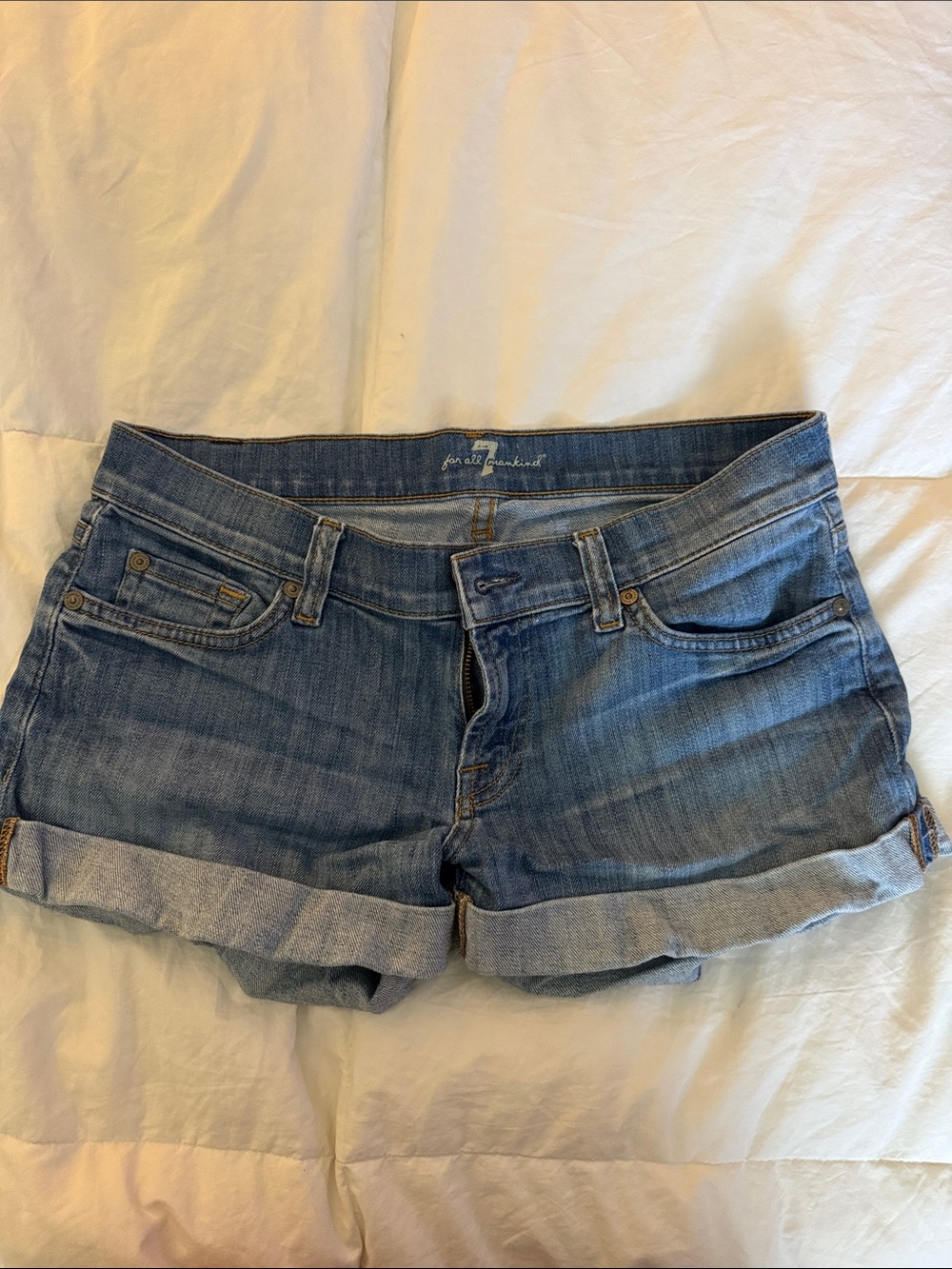 7 For All Mankind Light Blue Rolled-Hem Denim Shorts